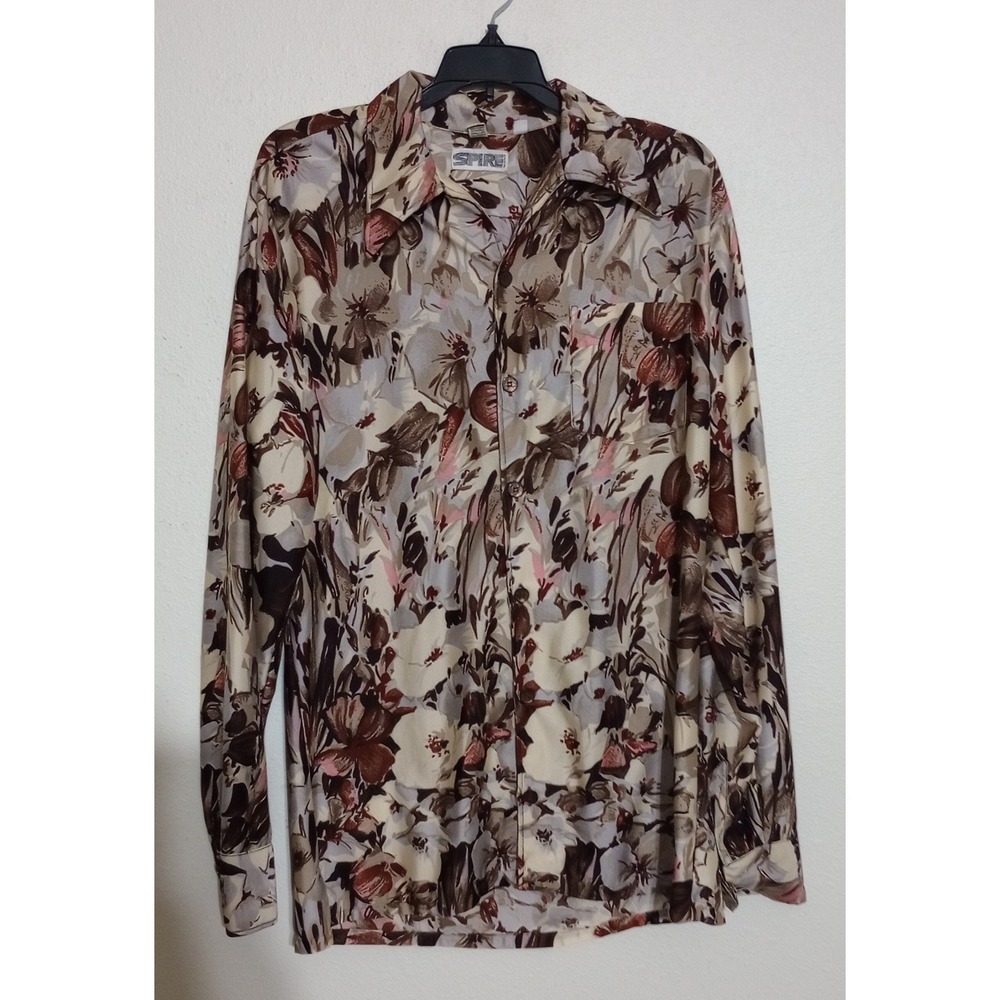 Vintage Spire California Qiana Nylon Floral Shirt Brown Pink Tan Tall Medium
